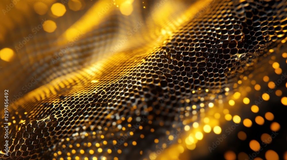 Poster abstract golden mesh texture with shimmering lights and soft focus, perfect for modern design and ar