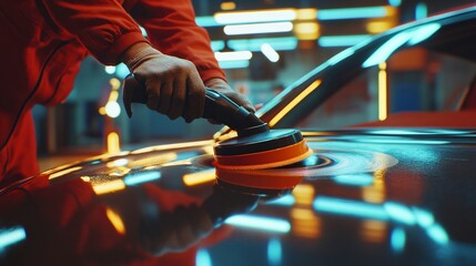 Professional Car Varnish Polishing using Electric Polisher by Man