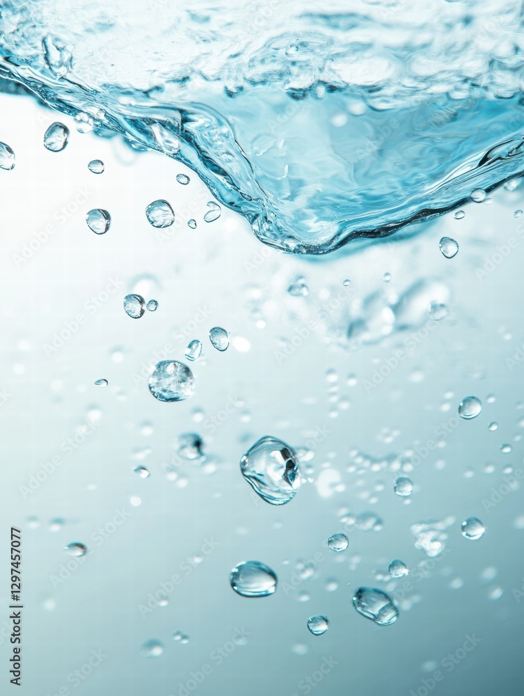 Aufkleber Cool water droplets descend in graceful motion creating ripples and bubbles under soft daylight effects in an aquatic environment. Generative AI