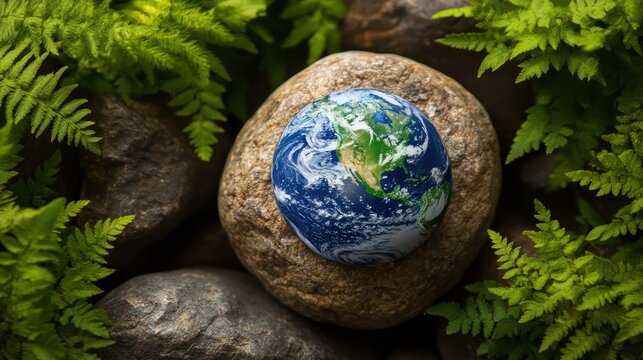 Earth Model on Rock Surrounded by Lush Green Ferns and Natural Stones in a Peaceful Environment