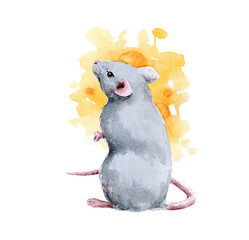 Farm, curious mouse, watercolor illustration