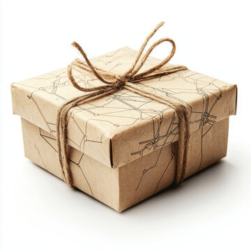 small cardboard box wrapped with twine, featuring map design, symbolizes parcel tracking