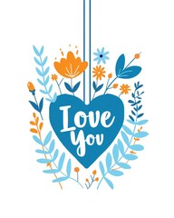 Blue Heart with Love You message surrounded by orange and blue flowers and leaves perfect for Valentines Day cards or romantic designs