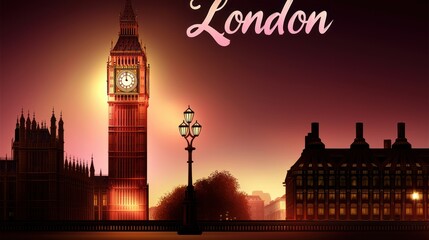 Fototapeta premium Stunning illustration of London's Big Ben at sunset with glowing lights and serene ambiance