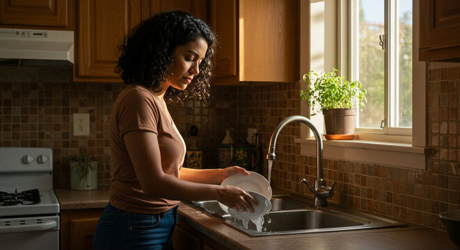 Mujer hispana lavando platos en casa