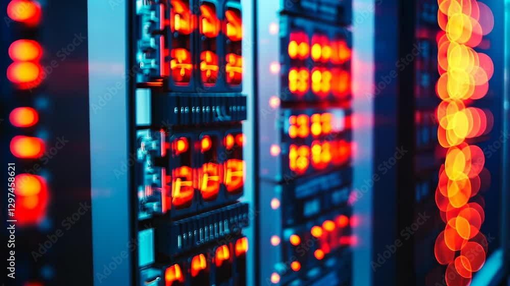 Poster brightly lit server room with illuminated equipment showcasing advanced technology and data processi
