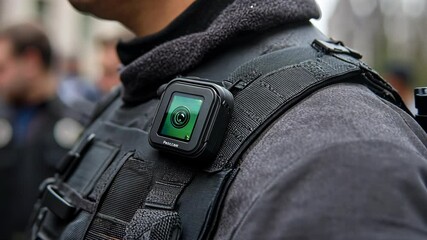 Body camera worn by law enforcement officer during a public safety event in an urban environment