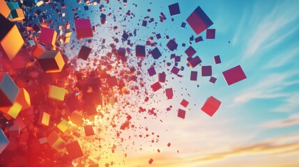 Explosive Burst of Cubes: A vibrant composition of fragmented cubes erupts across the sky, symbolizing innovation and the dynamic nature of progress. 
