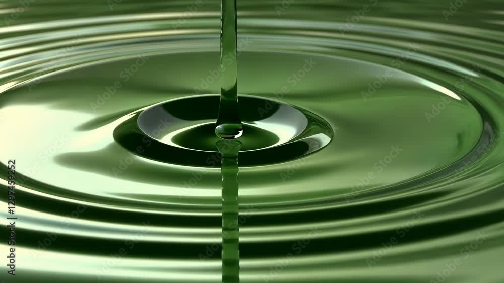 Poster droplets create ripples on a serene green surface reflecting light in a peaceful setting