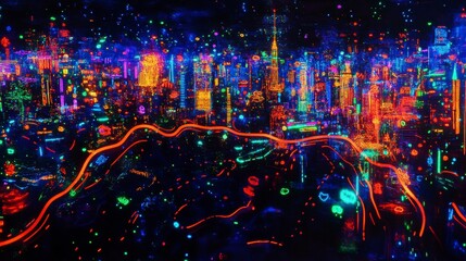 Fototapeta premium Neon Cityscape: A vibrant, abstract aerial view of a modern metropolis illuminated by a dazzling array of neon lights, showcasing the energy and excitement of urban life at night. 