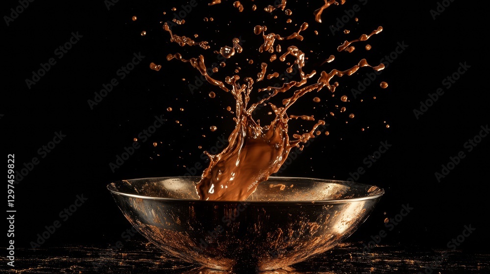 Poster chocolate liquid splashes dramatically in a glass bowl against a dark background creating an artisti