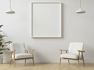 Empty white frame, two armchairs, bright room, pendant lights