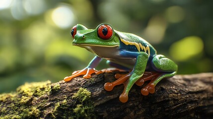 Fototapeta premium Vibrant red-eye tree frog perched on lush green tree in Tortuguero National Park for nature stock photos
