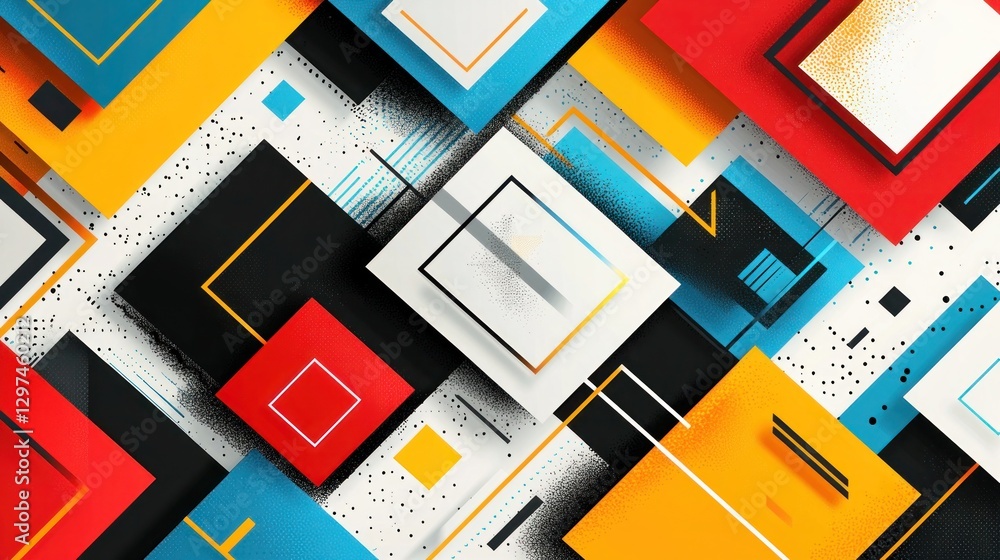 Poster symmetrical depth: 2d flat illustration with mirrored geometric squares and rectangles creating bala