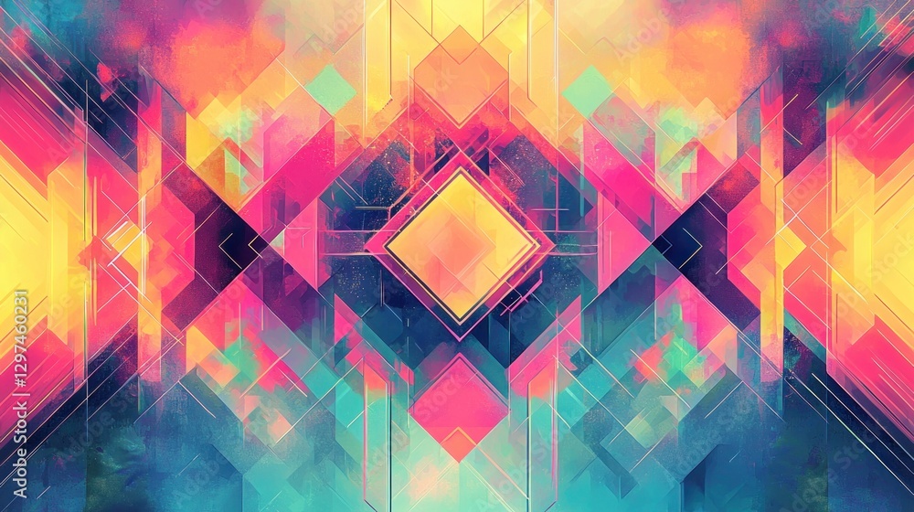 Poster geometric harmony: symmetrical 2d flat illustration of mirrored squares and rectangles creating dept