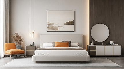 Serene Bedroom Interior: An inviting bedroom interior design showcasing a stylish and comfortable space with elegant furniture, soft textures, and a calming atmosphere.