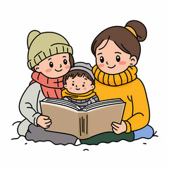Cozy family reading storybook together in winter attire, enjoying time