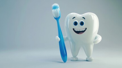 Cute smiling tooth character next to a large cartoon toothbrush model with a focus on happy expressions and fun interactions for children