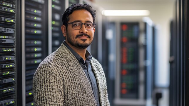 A confident South Asian male IT technician stands in a modern data center, showcasing his expertise in technology and server management with a friendly smile. - Powered by Adobe