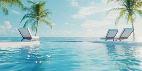 Tropical poolside loungers by the ocean