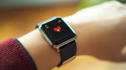 Health Tracker: Close-up view of a smartwatch displaying a health metric, resting on a wrist, showcasing technology's role in personal well-being.