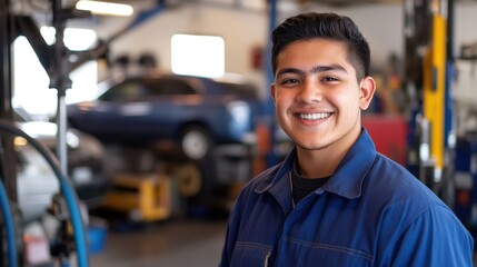 A young Hispanic male mechanic in a blue uniform smiles confidently in a garage. The setting features vehicles and tools, highlighting his professional skills and friendly demeanor.