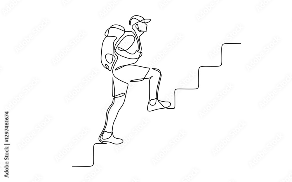 Poster man climbs the stairs in one continuous line drawing. concept symbol of career success and achieving