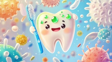 Abstract art of cute teeth with greenish spots holding a blue and white toothbrush, surrounded by various microorganisms that will damage the teeth elements.