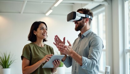 Man engaging with virtual reality technology while interacting with a tablet in an office. Highlighting technology, innovation, and collaboration, this image captures modern tools used in professional