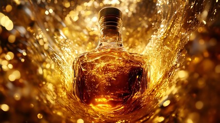 Golden Liquid Bottle with Swirling Effects / 渦巻くエフェクトを纏った黄金の液体ボトル