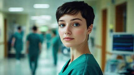 Fototapeta premium A young woman with short hair is seen in a hospital setting, wearing scrubs. Her serious expression conveys dedication and professionalism in the healthcare field.