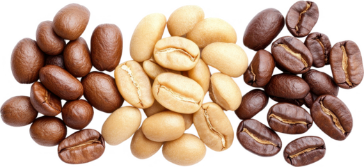 A captivating close-up showcasing the rich textures and hues of coffee beans in various roasting stages, from the light and delicate to the dark and intense, symbolizing the journey from raw bean to