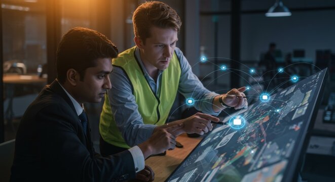 Professional logistics managers analyzing digital supply chain data on interactive touchscreen display with glowing network connections in modern control room at night