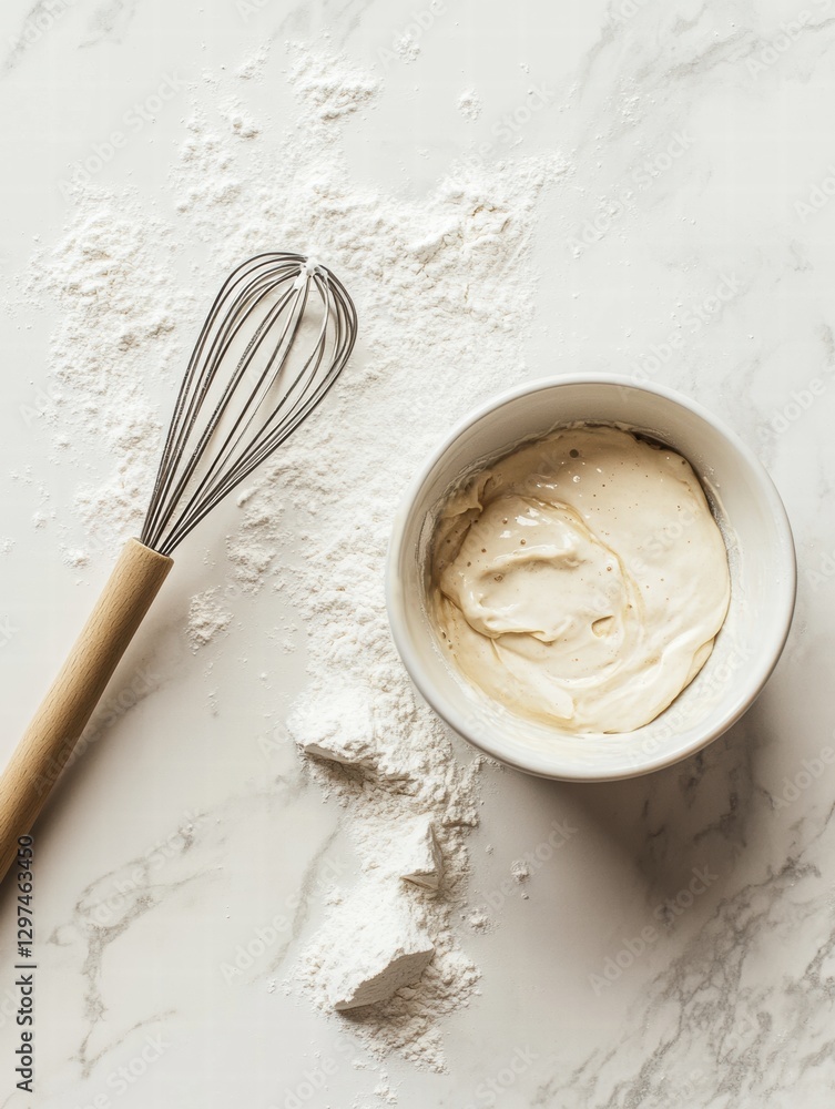 Leinwandbilder delicious baking setup featuring a whisk and a bowl of smooth batter on a marble countertop with flo