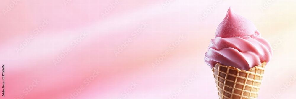 Poster delicious soft serve ice cream cone with pink and white swirls against a pastel background. generati