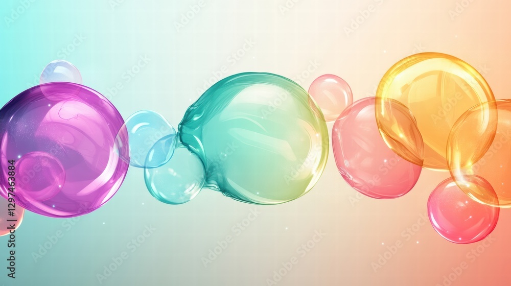 Poster Colorful soap bubbles floating gracefully in a soft pastel background creating an enchanting visual effect. Generative AI