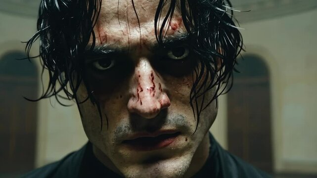 Intense character portrayal with dramatic expression in a dark, moody setting