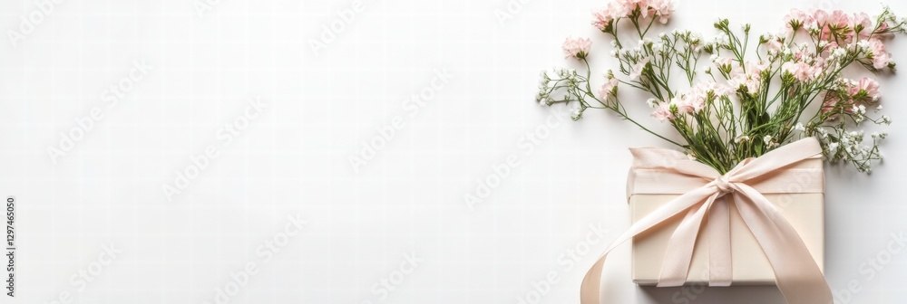 Poster elegant gift box with fresh flowers and ribbon arranged on a light background for a special occasion