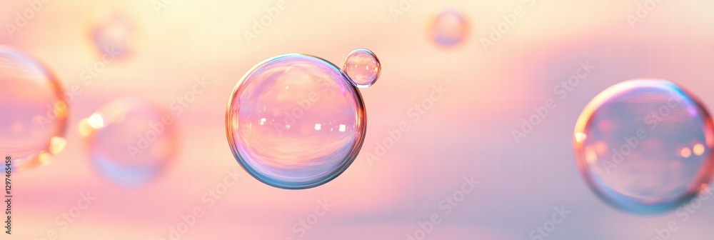 Poster colorful soap bubbles floating in a serene sunset sky with soft pastel hues blending beautifully. ge