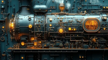 Detailed illustration depicts a steampunk locomotive with complex machinery components