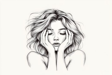 Fototapeta premium Elegant black and white line art portrait of a woman with wavy hair and melancholic expression in a minimalist contemporary sketch emphasizing emotional depth and artistic simplicity