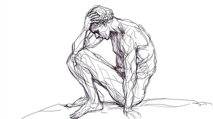 A simple sketch of an adult sitting on the edge of a cliff, looking down with his head tilted back in stress, searching for ideas and sadness