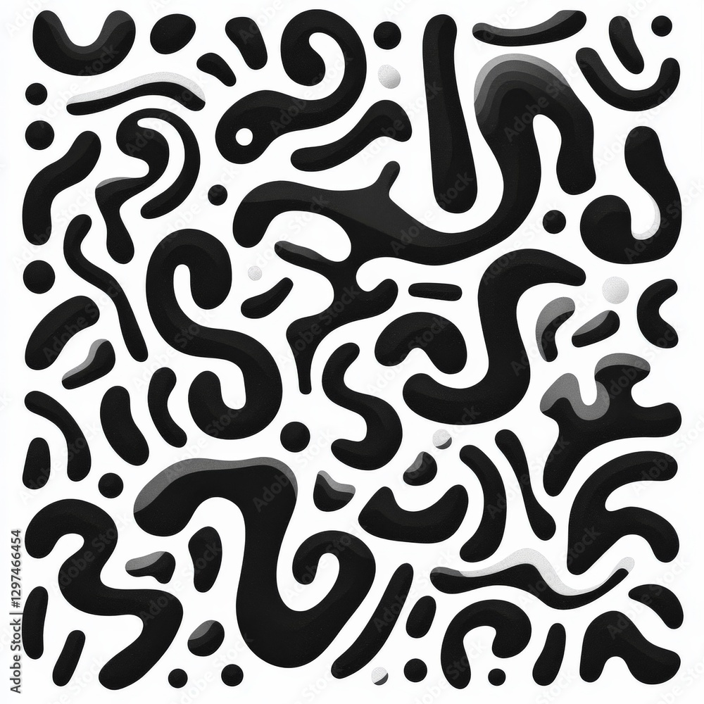 Poster abstract black and white fluid shapes creating organic patterns in a modern digital composition emph