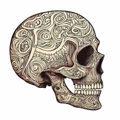 Intricate human skull design with detailed bone patterns and swirls