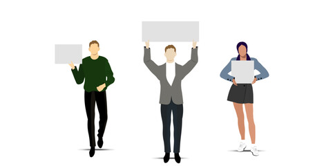  Diverse people protesters with mockup placards on manifestation or protest on white background. Activists picket. Vector illustration Not AI generated