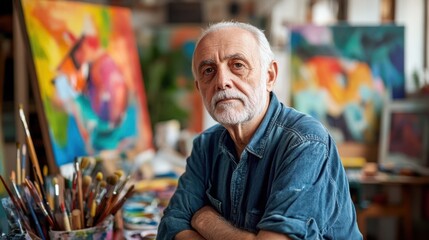 A thoughtful elderly male artist poses in his colorful studio, surrounded by vibrant artwork and tools of his trade, reflecting creativity and experience.