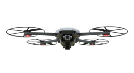 Grey and White Quadcopter Drone with Red Lights Isolated on Transparent Background