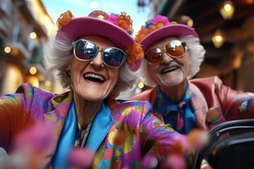 Obraz premium Smiling senior: colorful attire, jubilant atmosphere, joyous holiday, bright display, happy faces, exuberant laughter, lively festivity, radiant joy, carefree mood, celebratory cheer.