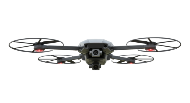 Grey and White Quadcopter Drone with Red Lights Isolated on Transparent Background