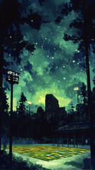 Fototapeta premium Majestic Nighttime Stadium Vector Art with Illuminated Cityscape and Mysterious Forest Sky - Perfect for Sports and Urban Landscape Enthusiasts